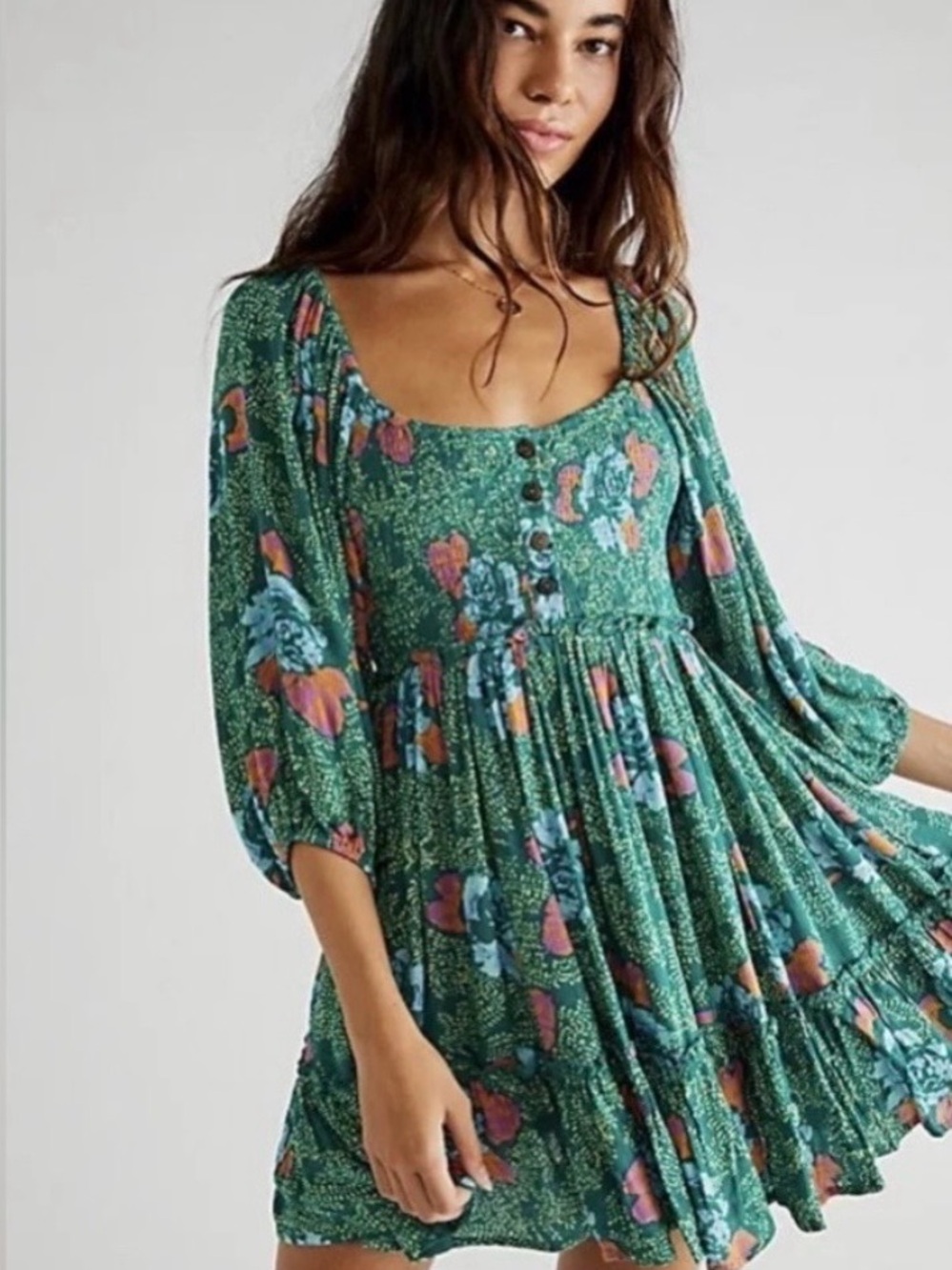 Free People Green Floral Scoop-Neck Mini Dress